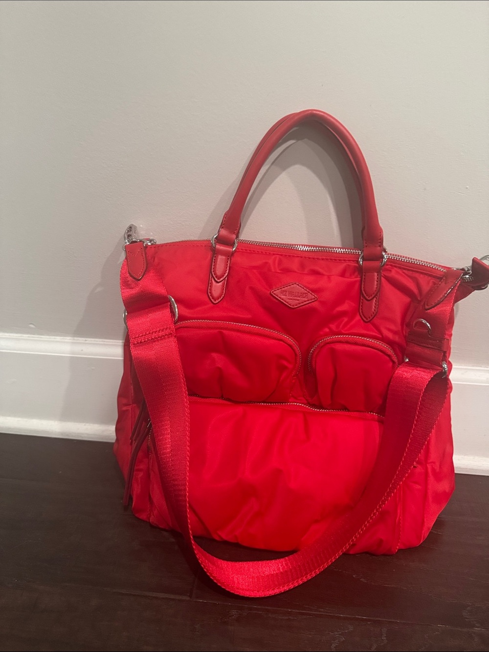 MZ Wallace Red Nylon Tote with Dual Handles and Adjustable Crossbody Strap